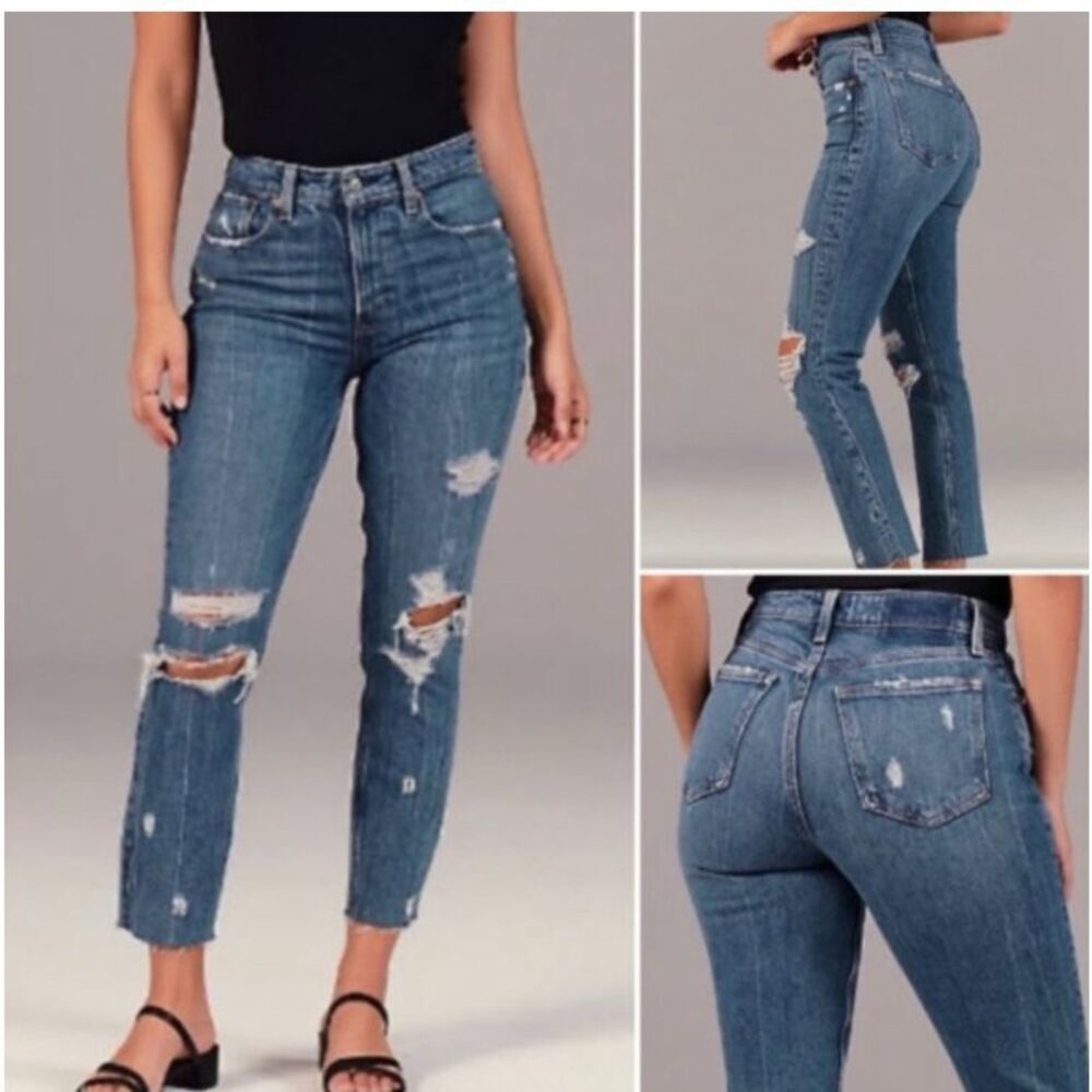 Abercrombie & Fitch High Rise Mom Jeans Dark Wash Distressed 2/26S #761
